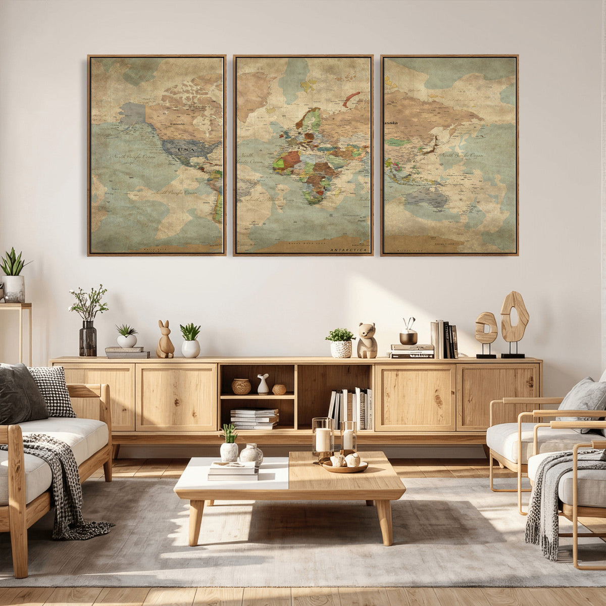 World Map Wall Art Canvas Print, Rustic Map Print, Framed