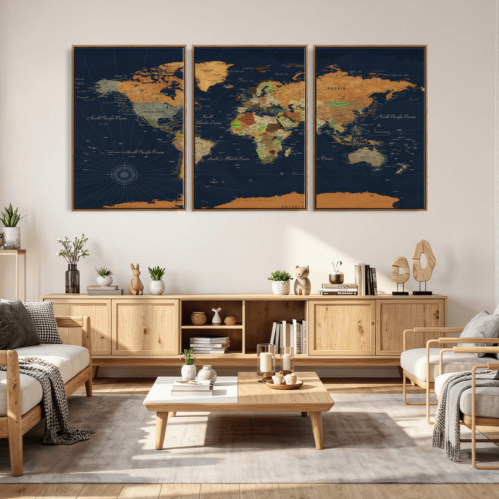 Modern World Map Canvas Print – Framed Detailed Map of the