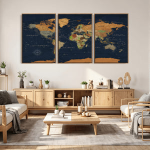 Modern World Map Canvas Print – Framed Detailed Map of the