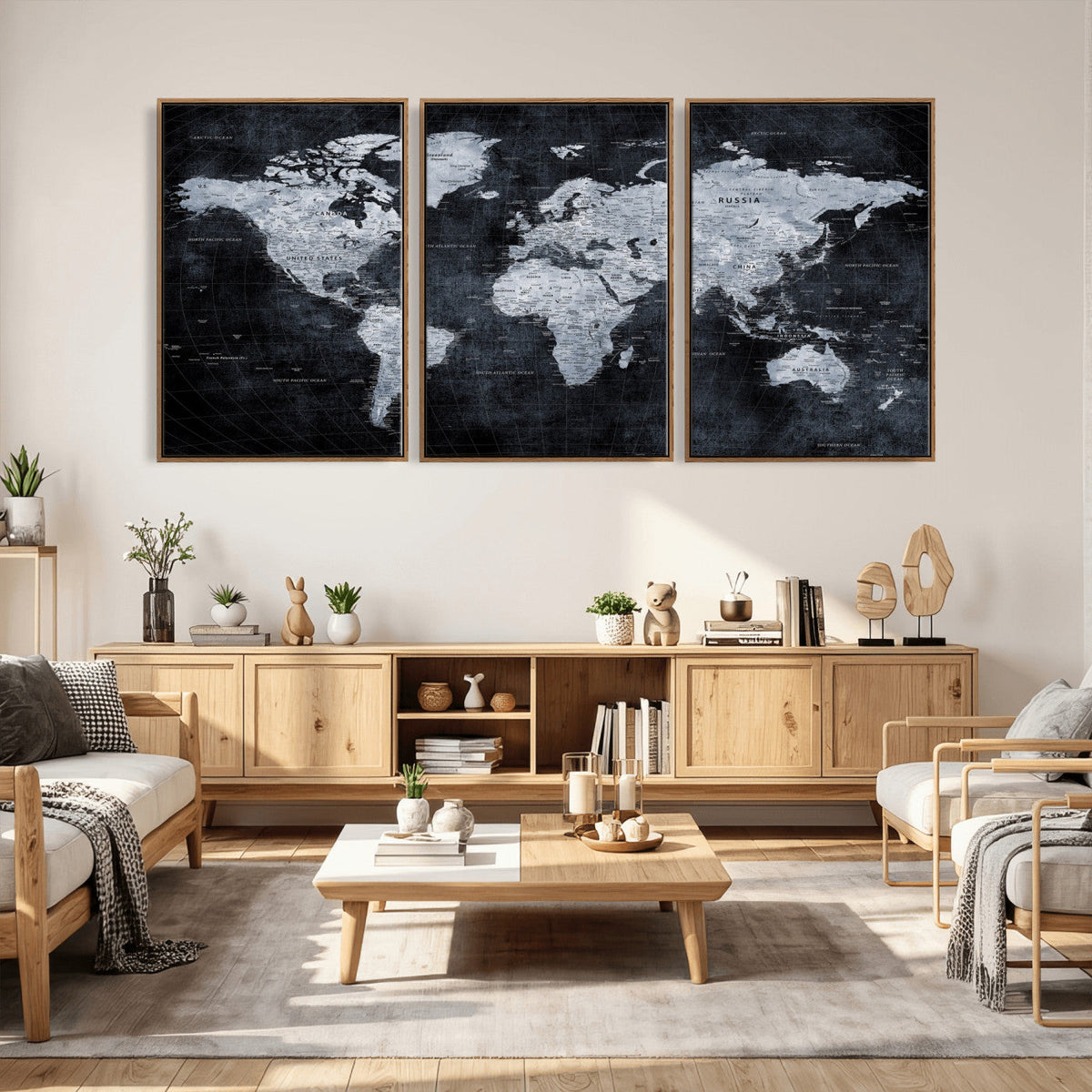 Black World Map Canvas Print – Detailed Map for Couples and