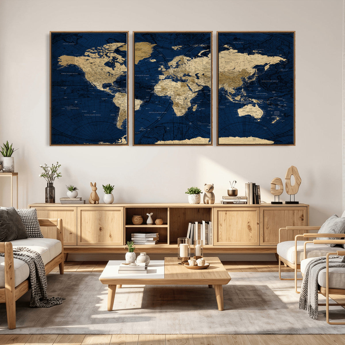 Navy Blue World Map Canvas Print – Detailed Map Minimal Navy