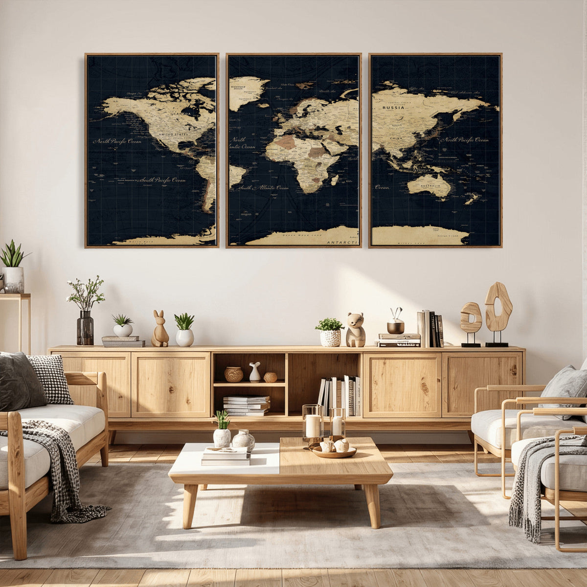 Dark World Map Canvas Wall Art Print, Minimal Black and Gold