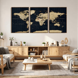 Dark World Map Canvas Wall Art Print, Minimal Black and Gold