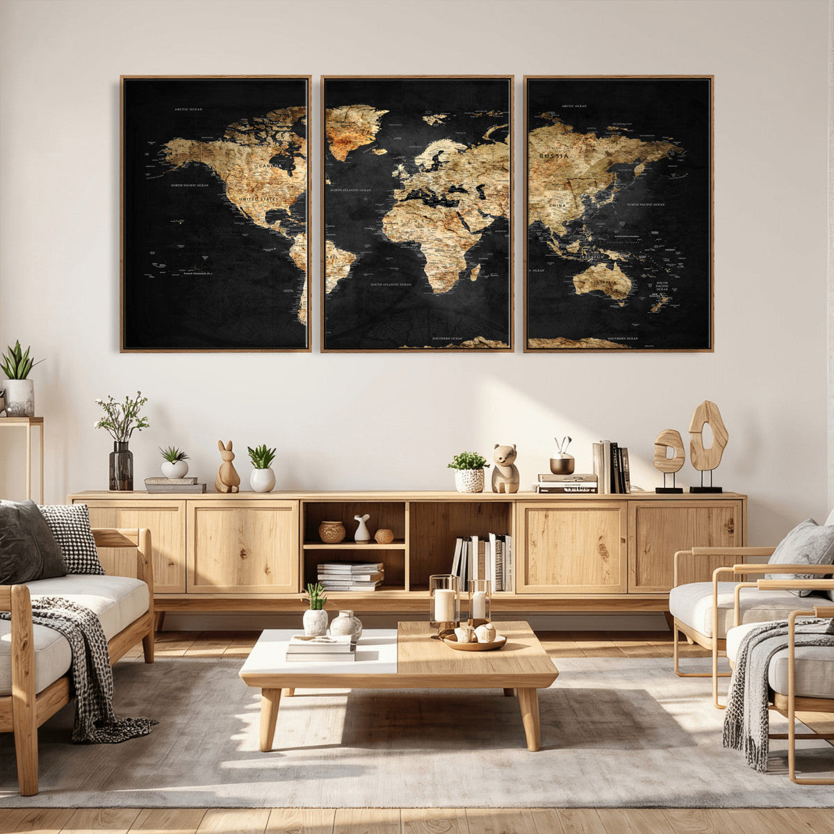 World Map Canvas Wall Art with Famous Landmarks – Framed