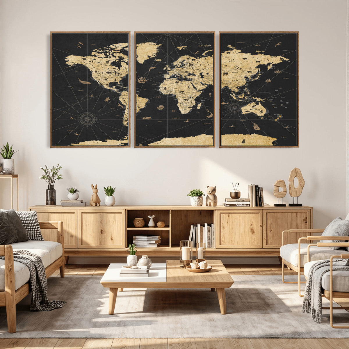 Vintage Blue and Brown World Map Canvas Wall Art – Framed
