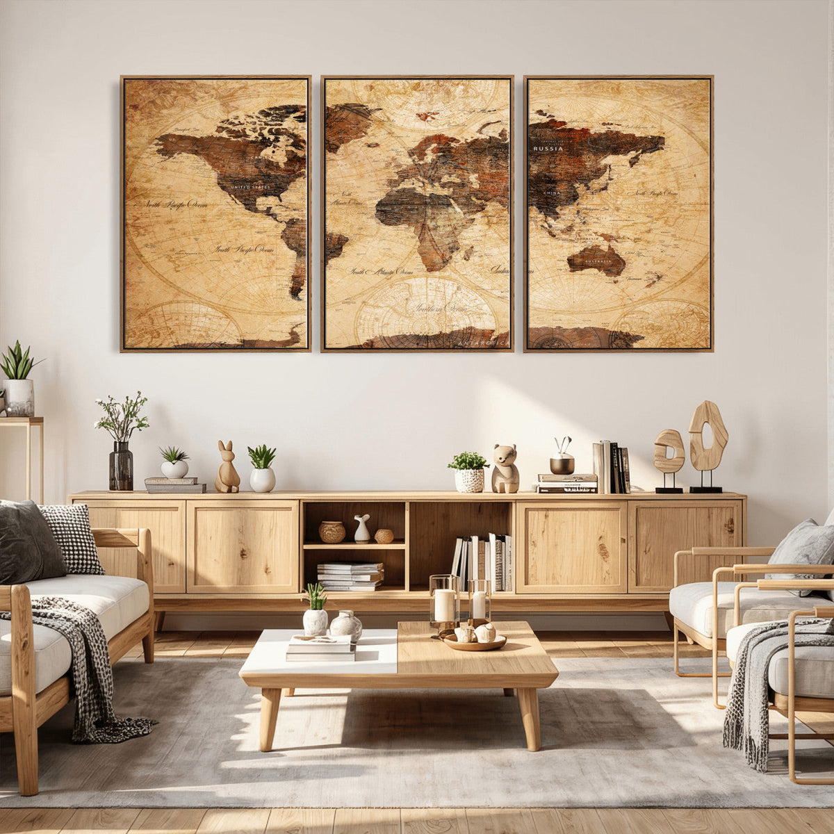 Modern Red and Gray World Map Canvas Print – Framed Wall Art