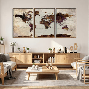 World Map Canvas Triptych – Colorful Global Wall Art for