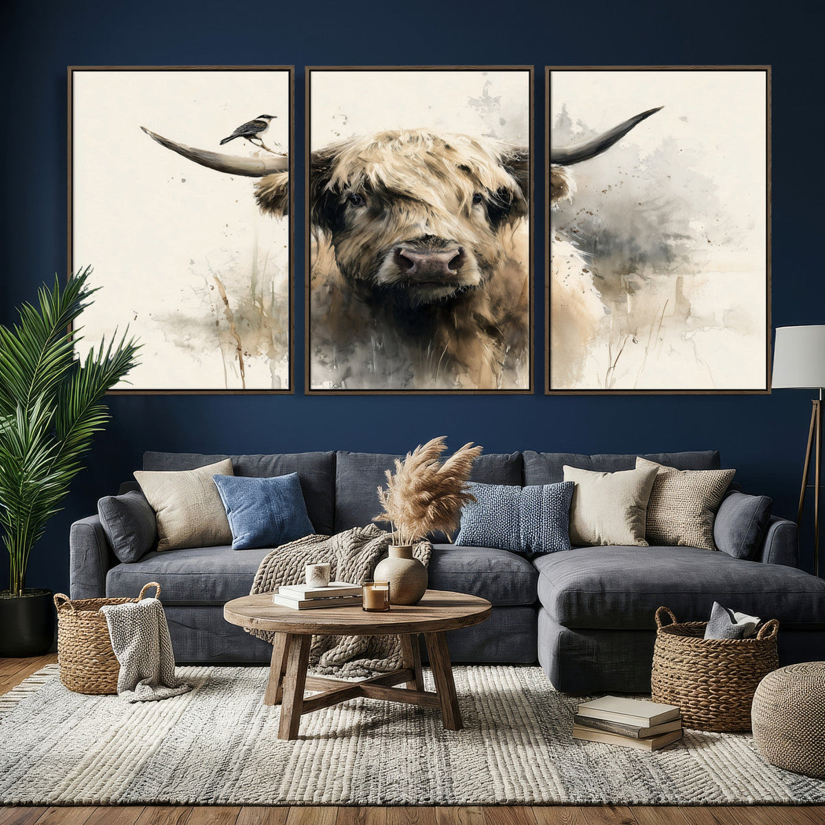 Abstract Highland Cow Wall Art Canvas Print, Rustic Farm