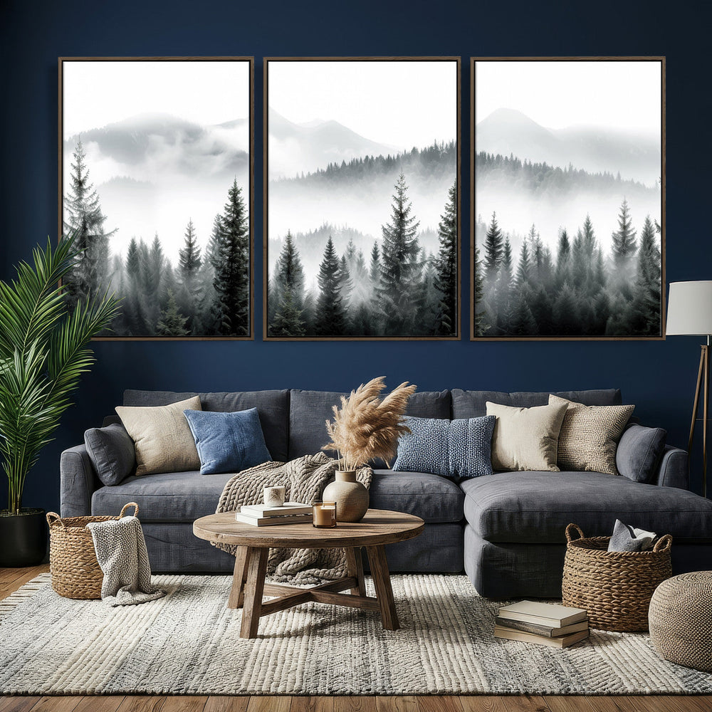 Misty Pine Forest Mountain Landscape Wall Art Canvas Print