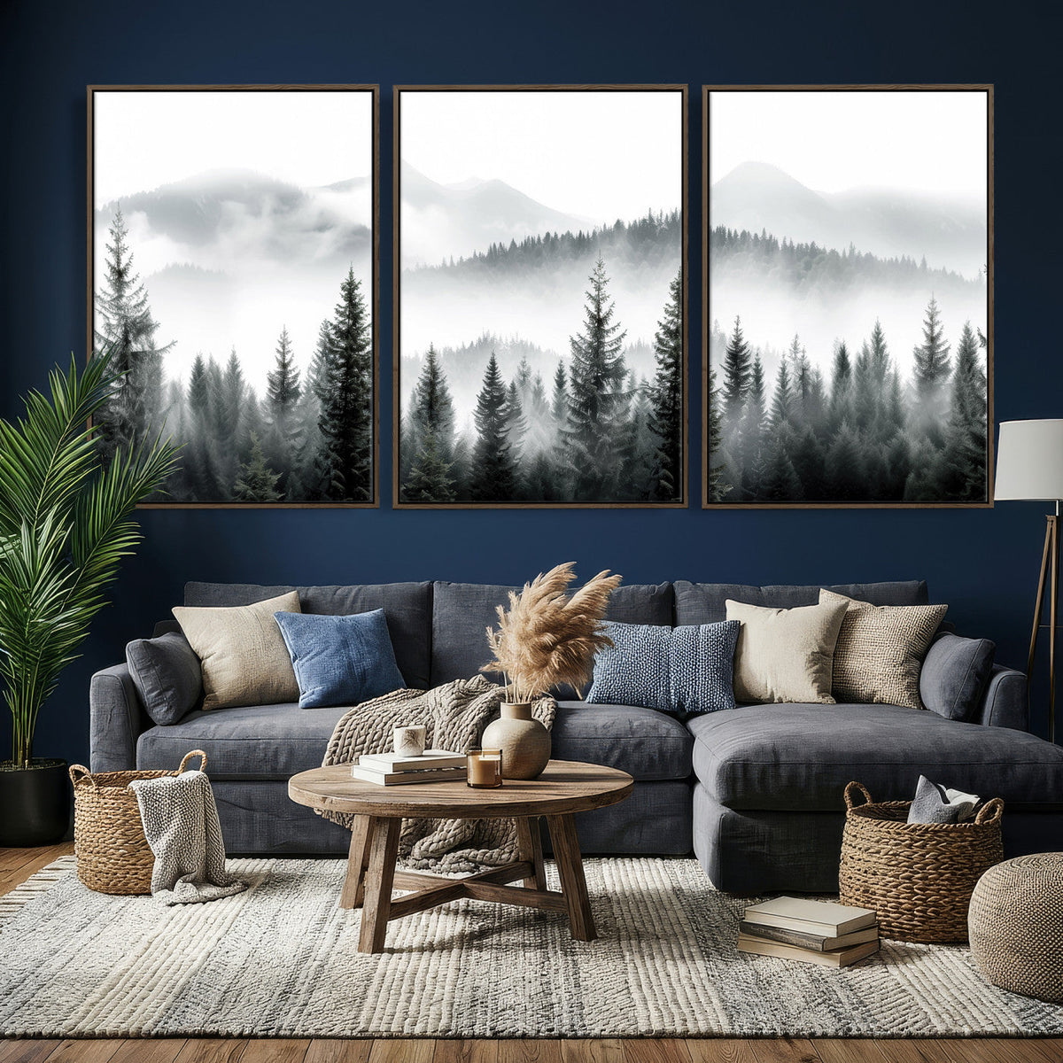 Misty Pine Forest Mountain Landscape Wall Art Canvas Print