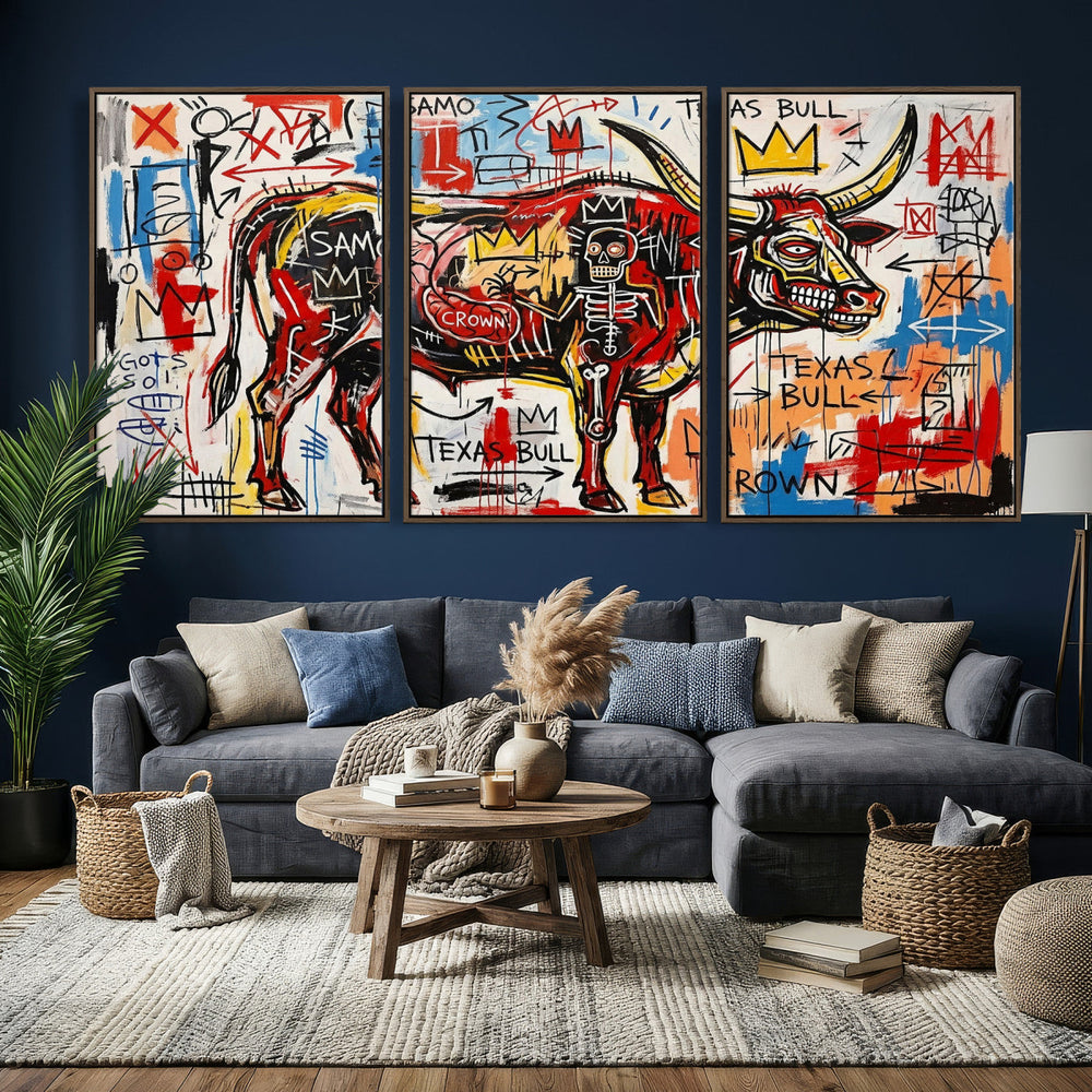 Texas Bull Wall Art Canvas Print, Abstract Graffiti Bull