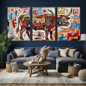 Texas Bull Wall Art Canvas Print, Abstract Graffiti Bull