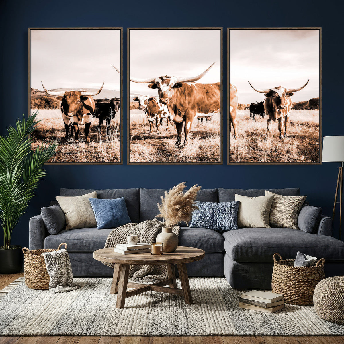 Texas Longhorn Cattle Wall Art Canvas Print, Sepia Western