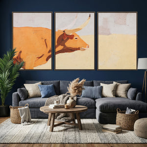 Minimal Longhorn Bull Wall Art Canvas Print, Neutral Western