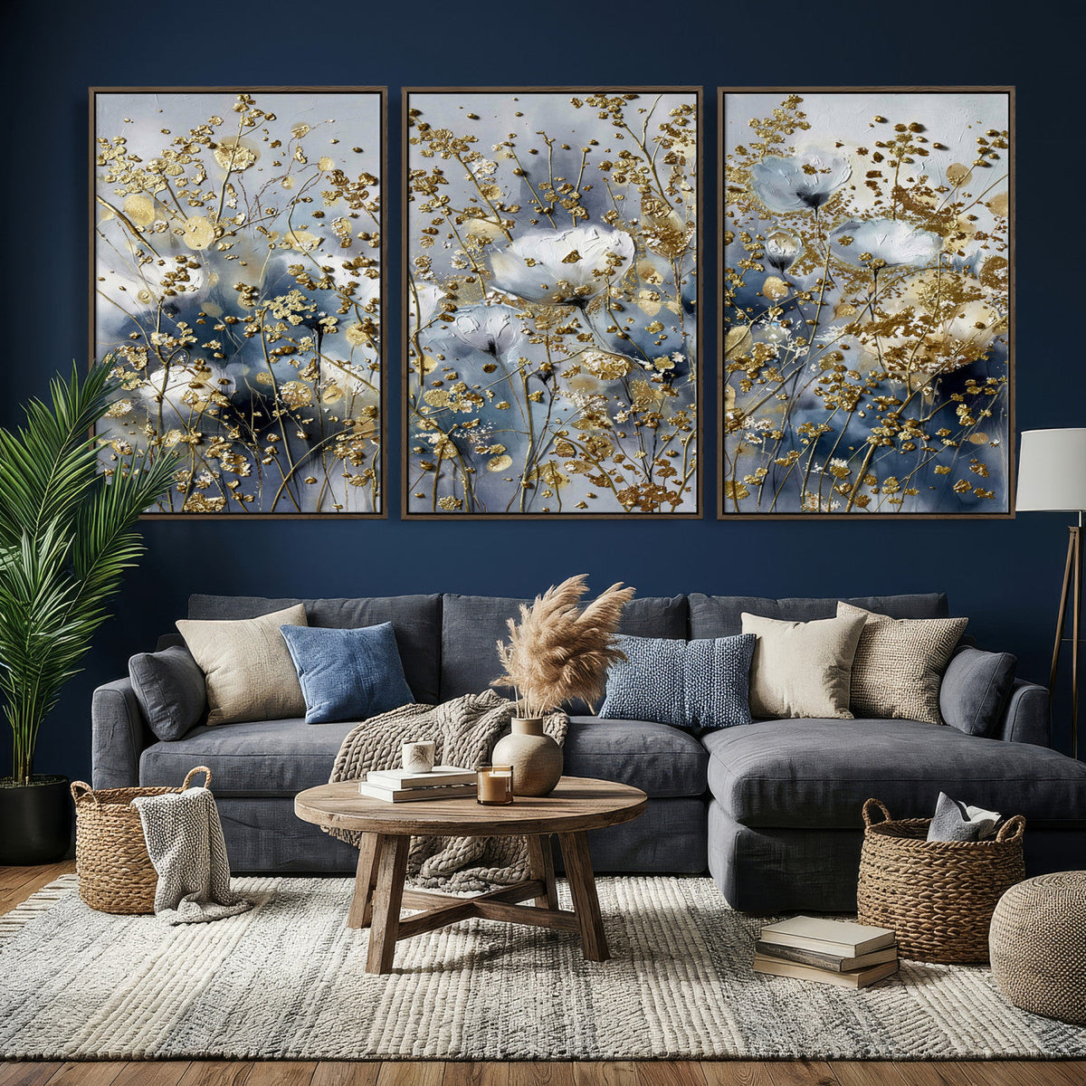 Abstract Floral Wall Art Canvas Print – Gold and Blue