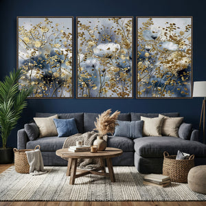 Abstract Floral Wall Art Canvas Print – Gold and Blue