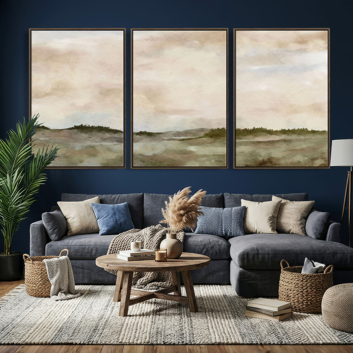 Muted Watercolor Hill Landscape Print — Beige Taupe Cloudy