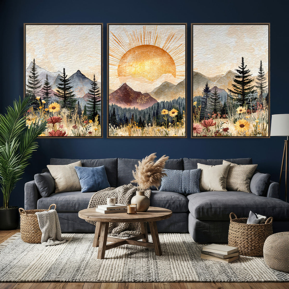 Boho Mountain Landscape Large Wall Art, Horizontal Gold