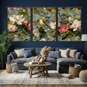 Vintage Birds and Flowers Wide Wall Art: Extra Large