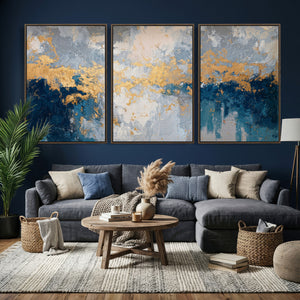 Blue Gold Abstract Large Framed Canvas Wall Art, Modern