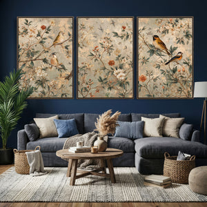 Vintage Birds and Flowers Wall Art Canvas Print, Botanical