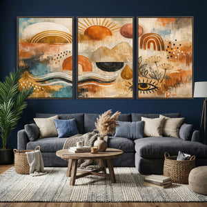 Geometric Boho Abstract Wall Art Canvas Print, Orange Blue
