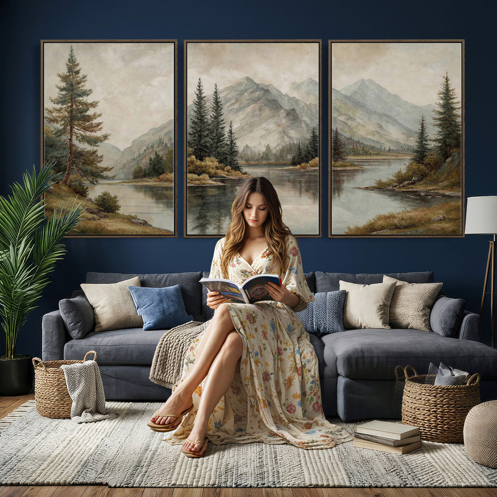 Vintage Mountain Landscape Wall Art Canvas Print Set, Rustic