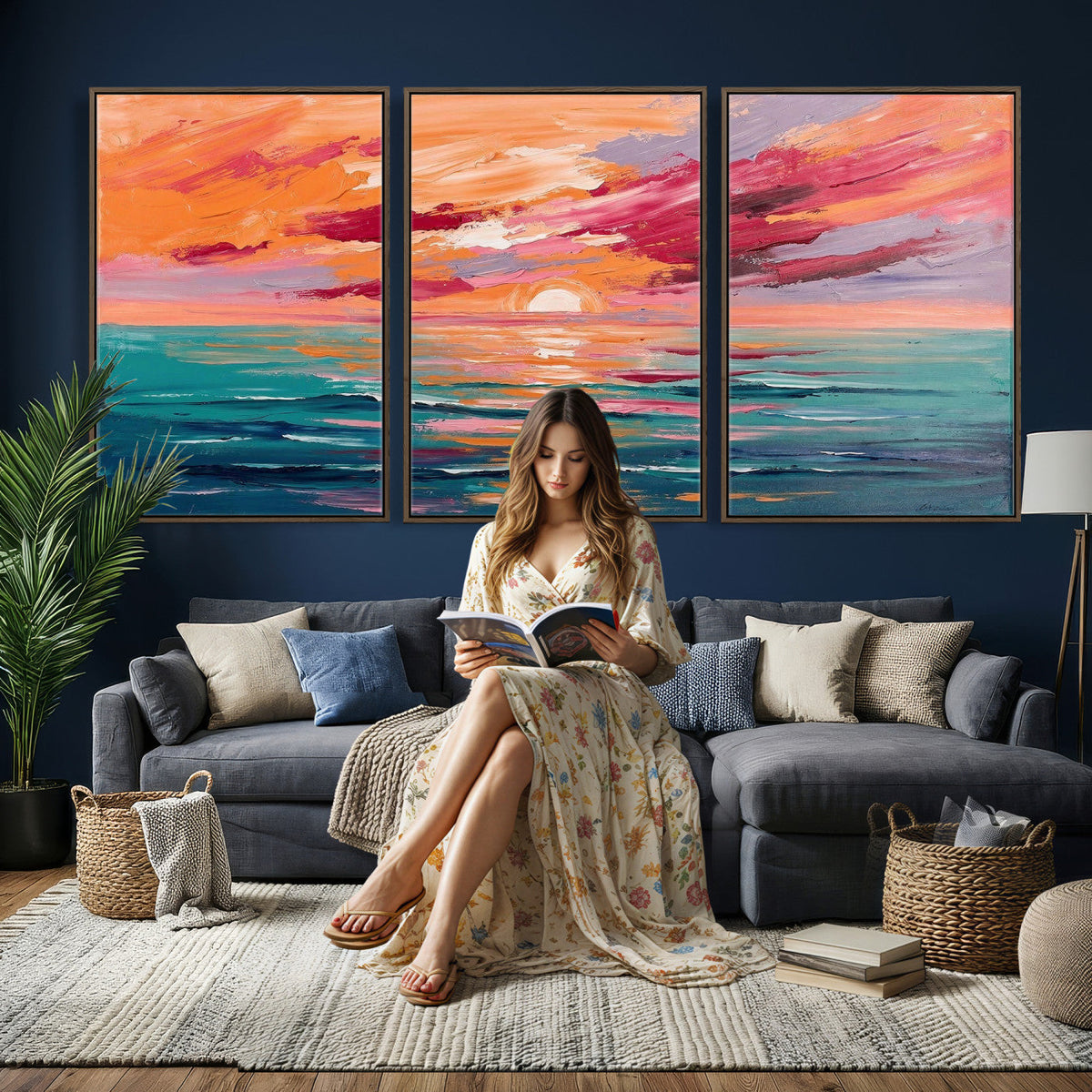 Bold Palette Knife Ocean Sunset Canvas — Orange Pink Teal