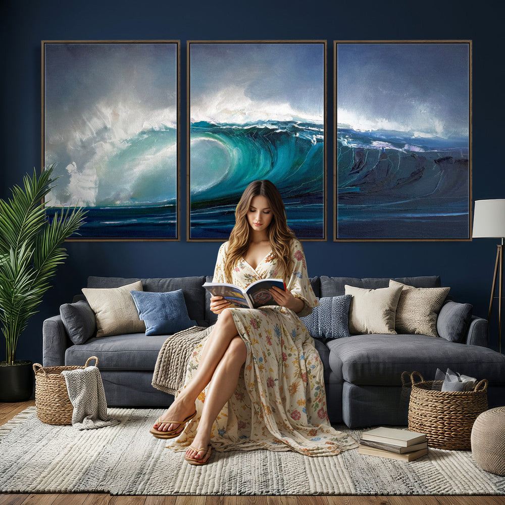 Ocean Wave Canvas Wall Art, Dramatic Teal Blue Seascape Oil
