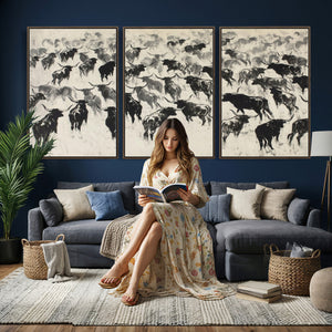 Longhorn Cattle Canvas Wall Art, Black White Stampede Ink