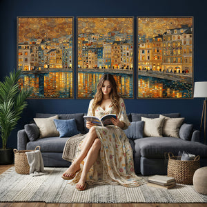 Gustav Klimt Golden Cityscape Wall Art Canvas Print, Framed