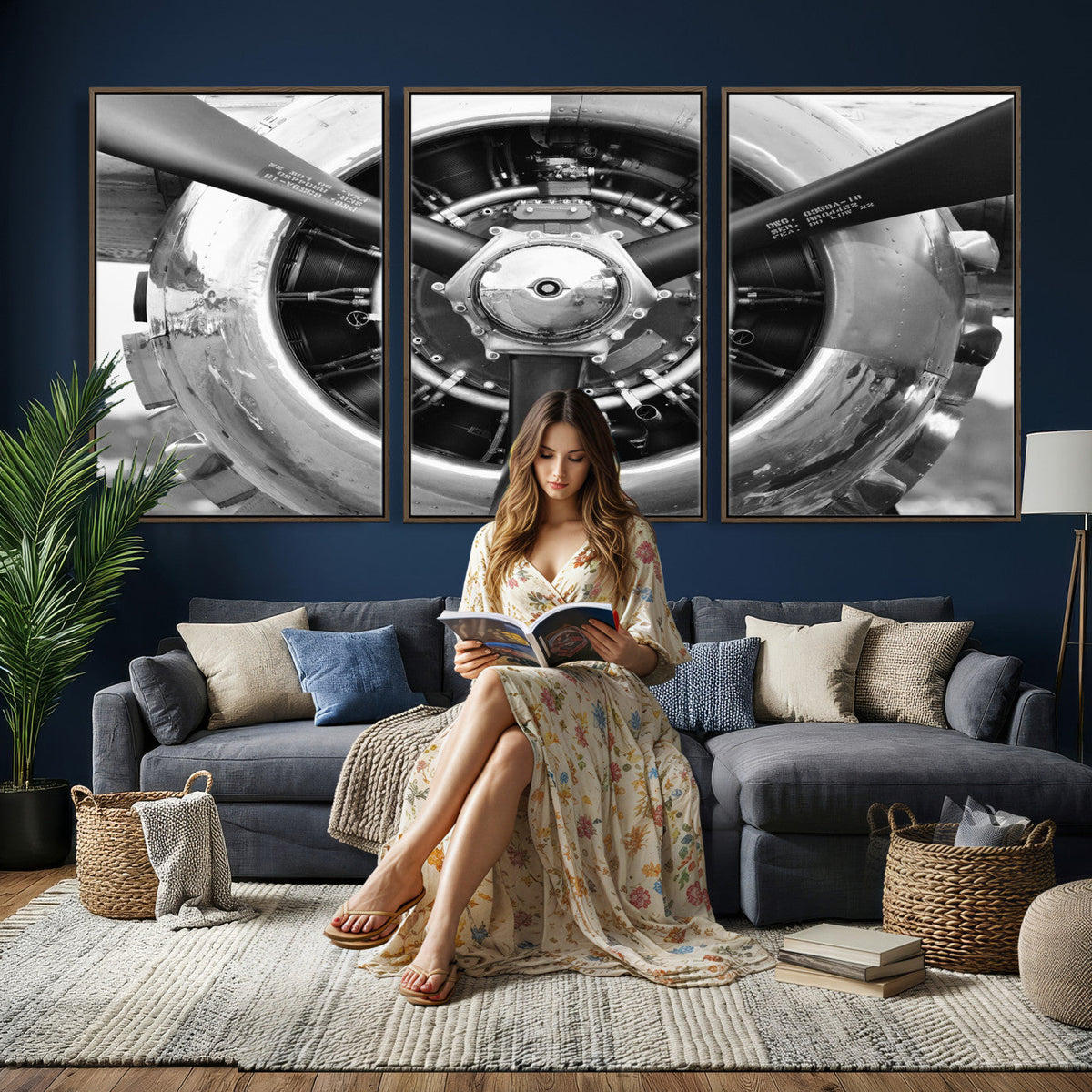 Vintage Propeller Plane Wall Art Canvas Print, Black and