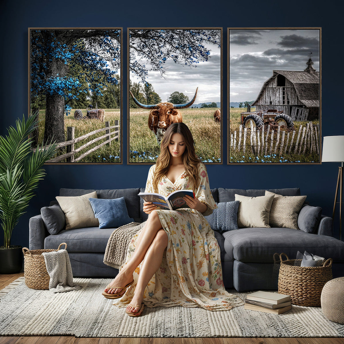 Texas Longhorn Canvas Wall Art, Rustic Farm Barn Bluebonnet