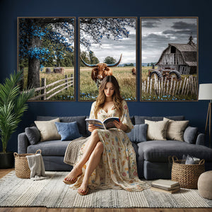 Texas Longhorn Canvas Wall Art, Rustic Farm Barn Bluebonnet