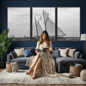 Vintage Sailboat Wall Art Canvas Print, Black and White