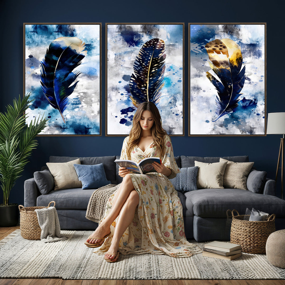 Feather Canvas Wall Art Navy Blue Gold Watercolor Abstract