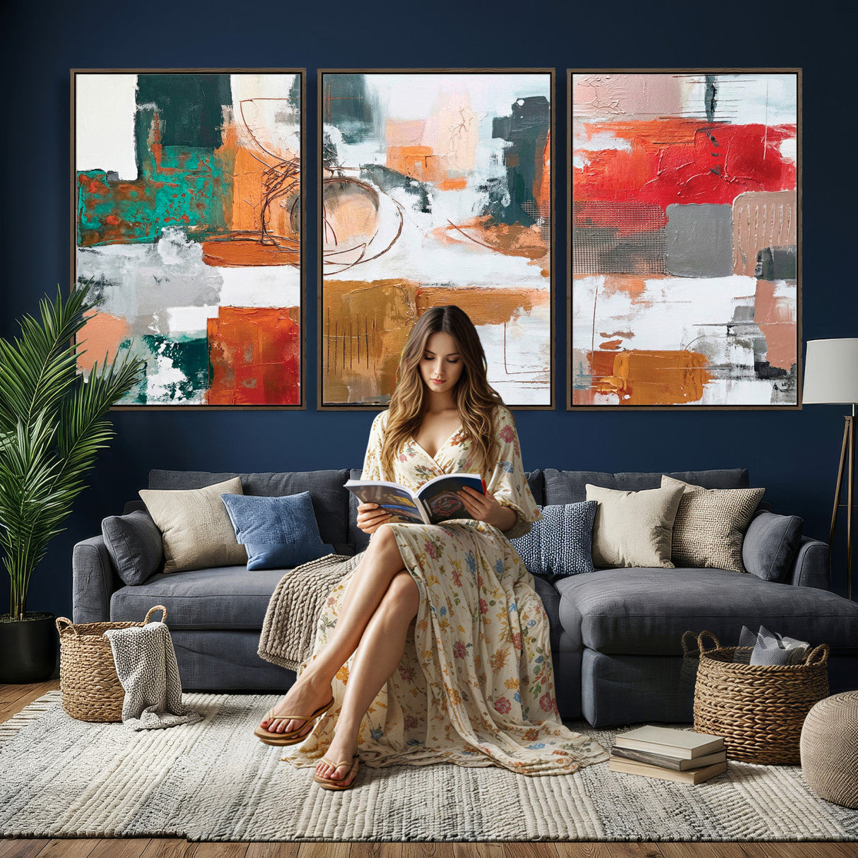 Blue Teal Abstract Canvas Wall Art, Modern Textured Painting Print, Navy Orange White Contemporary Art, Neutral Living Room Decor, Office Art