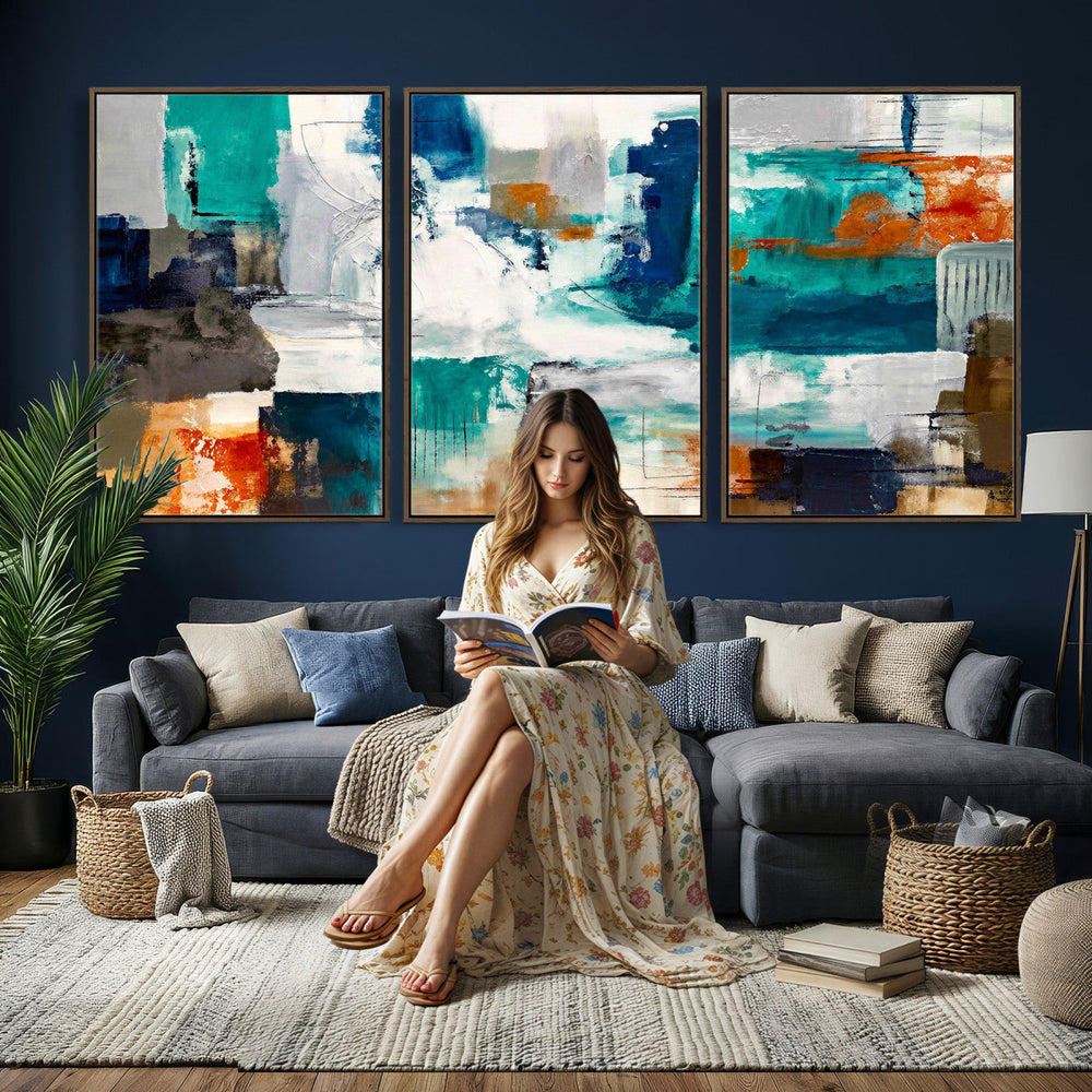 Blue Teal Abstract Canvas Wall Art, Modern Textured Painting Print, Navy Orange White Contemporary Art, Neutral Living Room Decor, Office Art