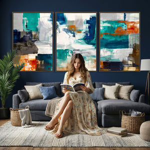 Blue Teal Abstract Canvas Wall Art, Modern Textured Painting Print, Navy Orange White Contemporary Art, Neutral Living Room Decor, Office Art