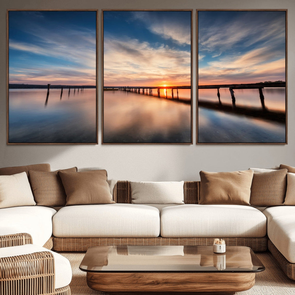 Wooden Pier on Seascape and Sunset Wall Art Canvas Print