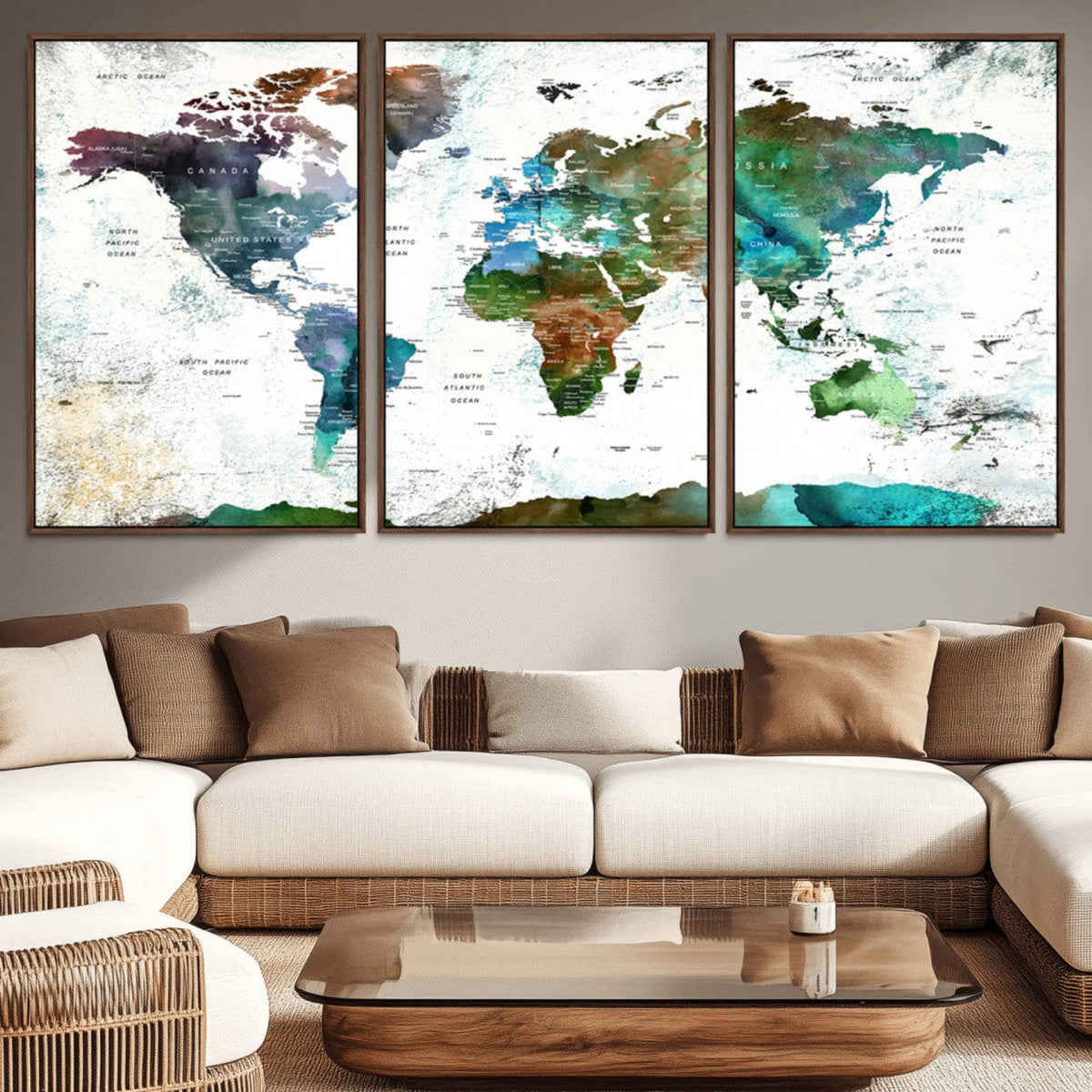 Modern Watercolor World Map Canvas Wall Art – Framed
