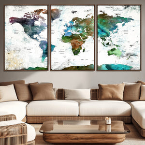 Modern Watercolor World Map Canvas Wall Art – Framed