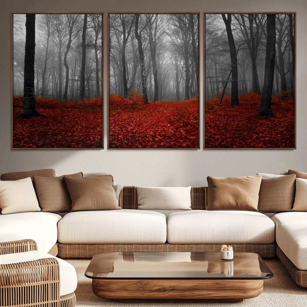 Red Forest Floor Canvas Wall Art – Mystical Foggy Woodland