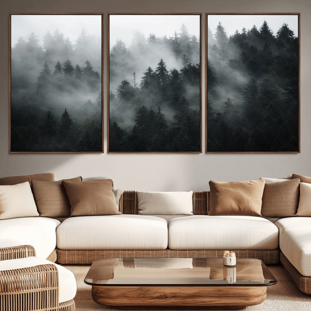 Foggy Forest Wall Art Canvas Print | 3 Panel Large Misty