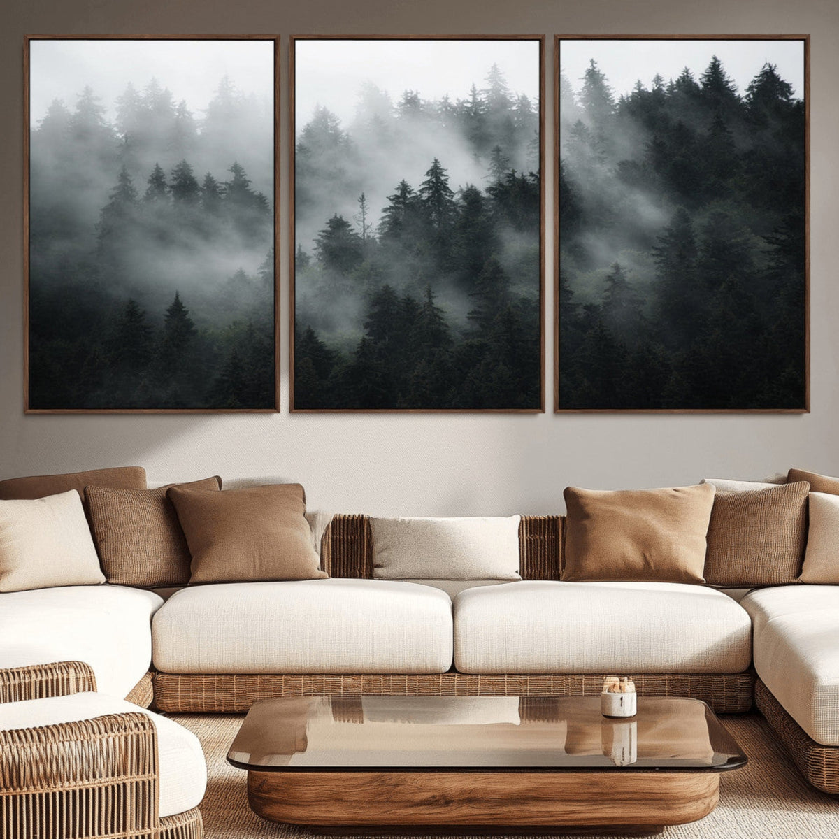 Foggy Forest Wall Art Canvas Print | 3 Panel Large Misty