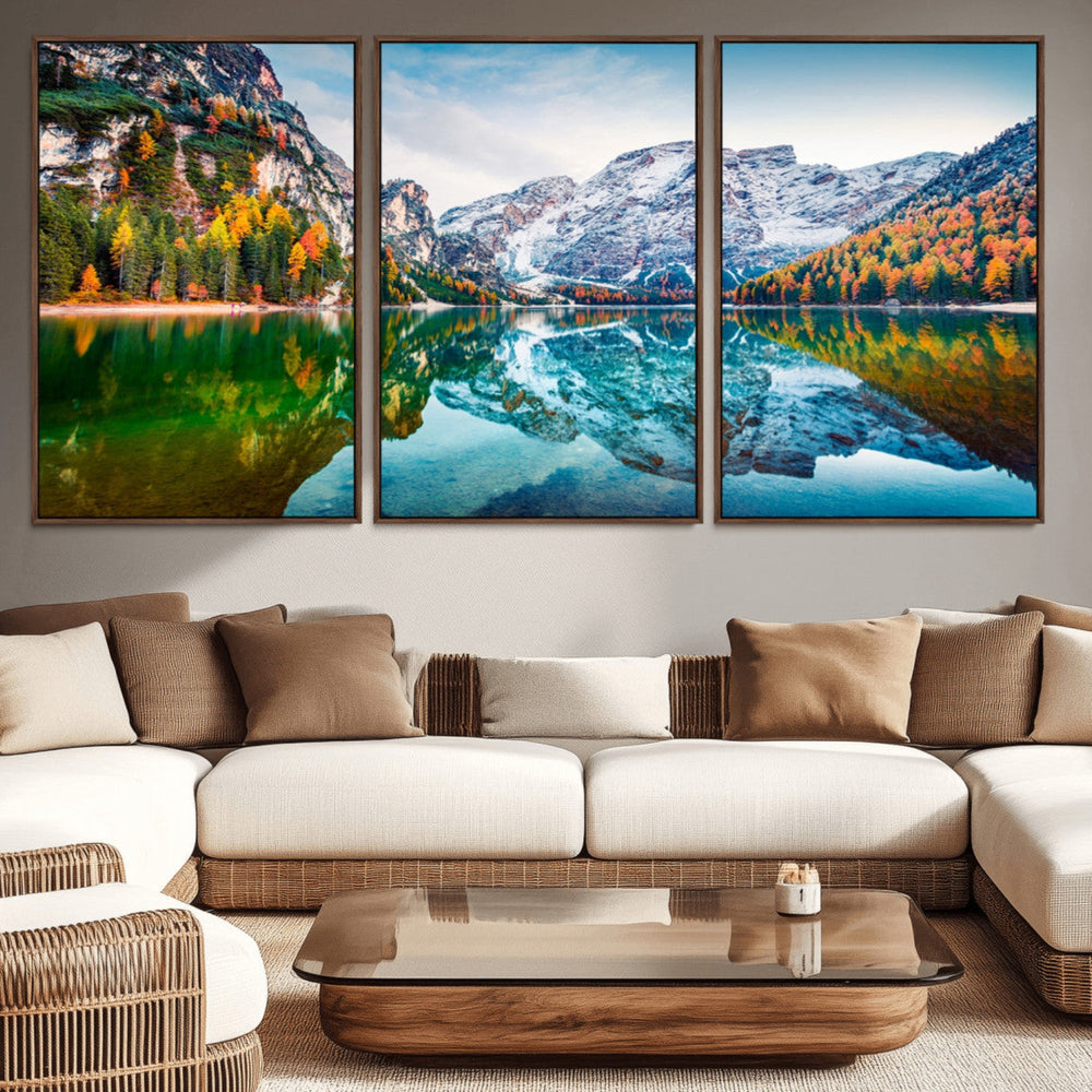 Spectacular autumn view of Braies Lake Wall Art Canvas Print