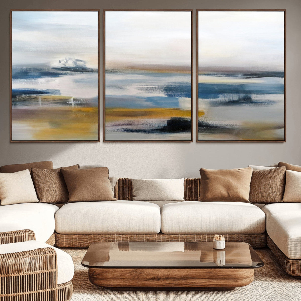 Abstract Landscape Wall Art Canvas | 3 Panel Modern Blue,