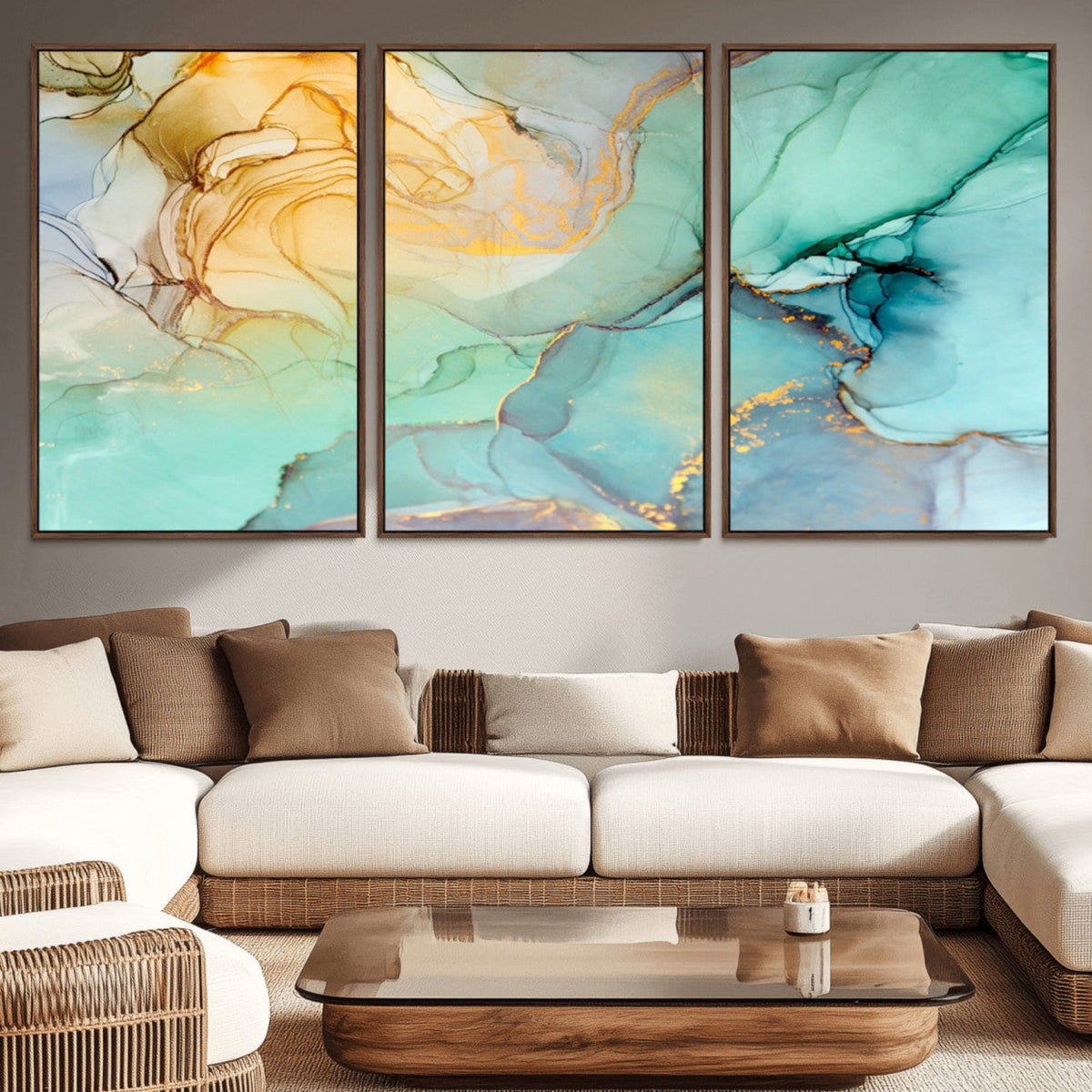 Abstract Aqua and Gold Fluid Wall Art Canvas | 3 Panel Large