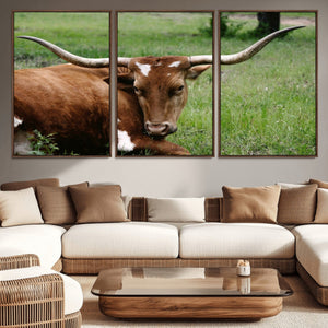 Longhorn Steer Canvas Wall Art – Rustic Nature Triptych