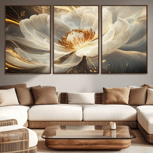 Gold Floral Wall Art Canvas Print, Framed Modern Flower Art